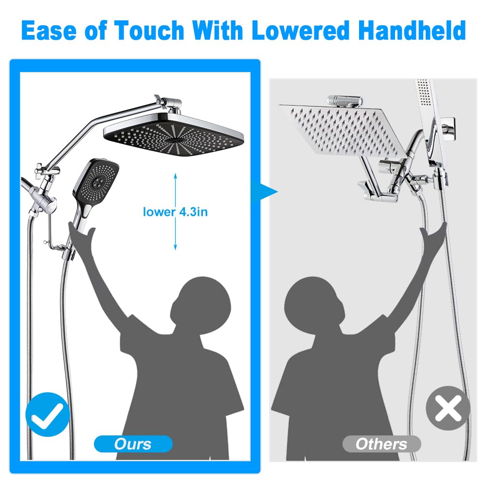 CyberWater - Cabezal de ducha de 12 pulgadas con rociador de mano, modo de lavado a presión integrado, desviador de 3 vías con ajuste de pausa, brazo de ducha de extensión ajustable,