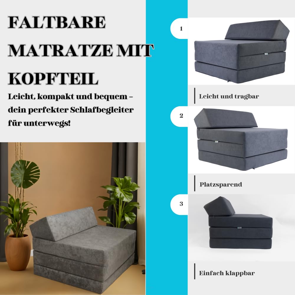 FORTISLINE Matelas pliant, 200 x 70 x 10 cm, en 3 parties, pour invité, camping, avec housse extérieure imperméable, cubique, lit d'invité, matelas de caravane, bleu foncé