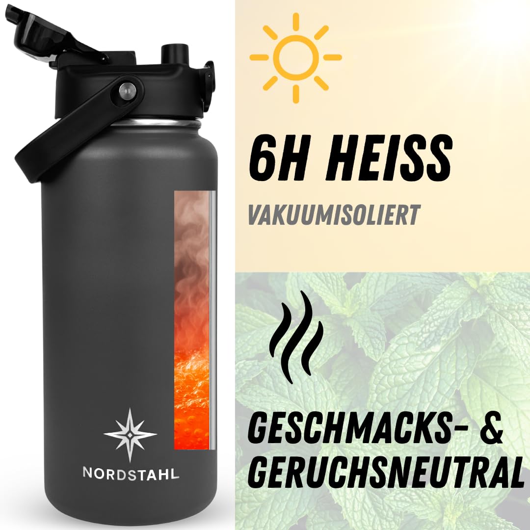 Bouteille isotherme, 2 en 1, 2 en 1, avec paille, 100 % lave-vaisselle, froid glacé 24 h, chaud 12 h, gourde isotherme de 2 l, en acier inoxydable, sans BPA et anti-fuite, gris polaire