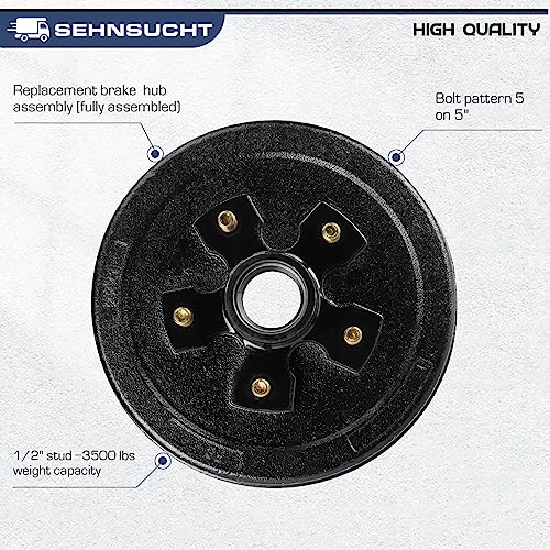 Image of Trailer Axle Electric Brake Kit, Pair of 5 hole on 5 inch Bolt Circle Brake Drum with 10 inch x2-1 /4 inch Manual Adjusting Brakes for 3500 lb Axles(Not Fit 5 on 4.5 inch), Replacement 10 inch Brake Hub Drum Assembly