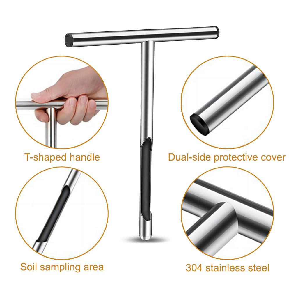 DONGKER Sonda Terreno,12" Sonde Campionamento Terreni con Impugnatura a T in Acciaio Inossidabile 304, Strumento di Test per Campionatori di Terreno per Manutenzione Prato Agricolo Giardino
