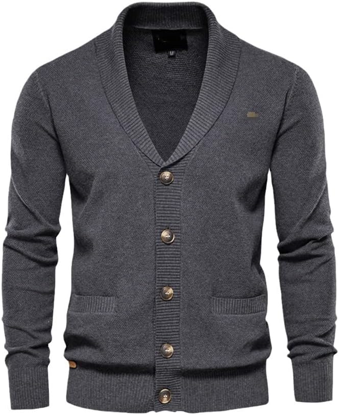 Men Cotton Casual Warm Cardigan Solid Color V-Neck Single Breasted Cardigans Winter Sweater Pocket