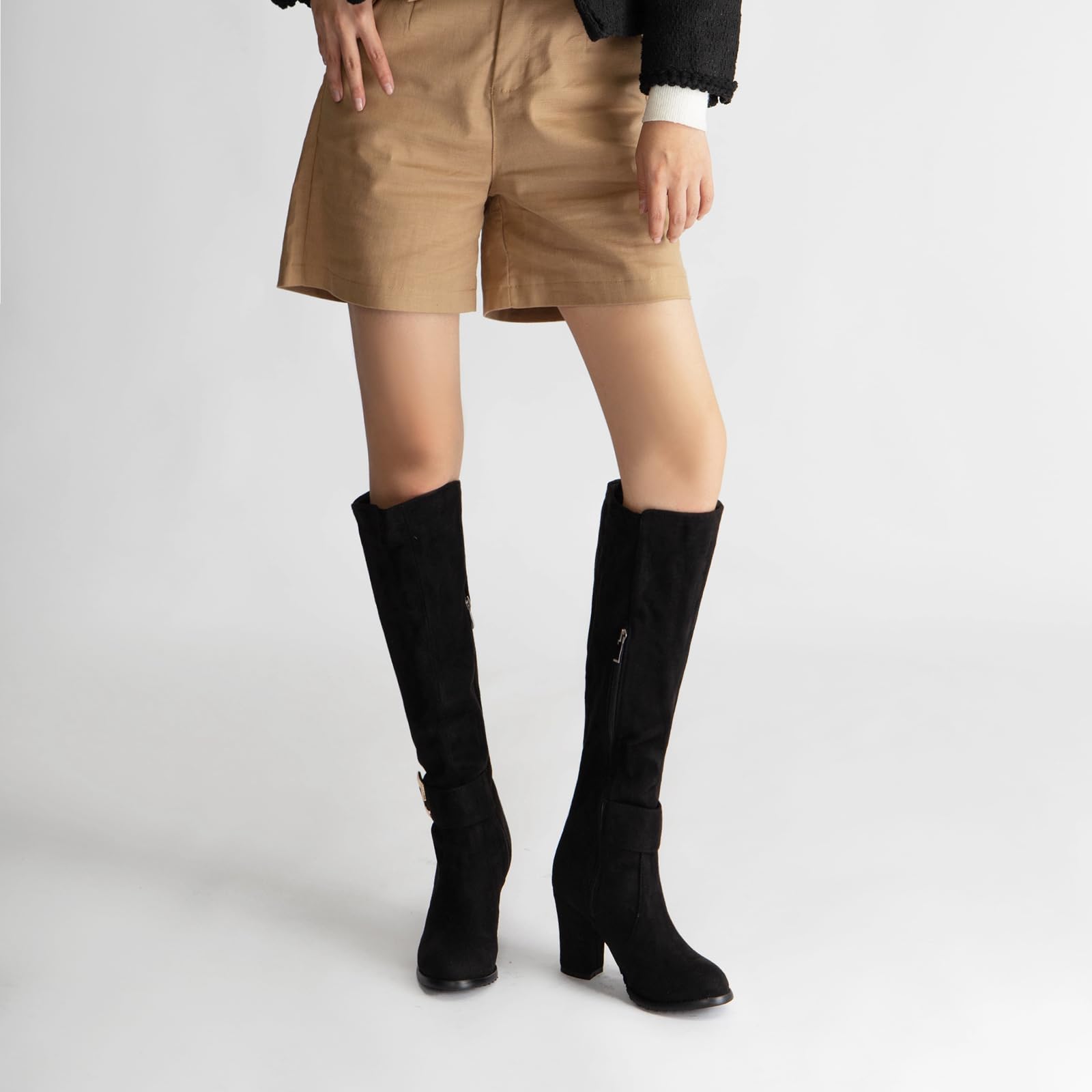 Onewus Damen Kniestiefel Blockabsatz Reißverschluss Warm Gefüttert