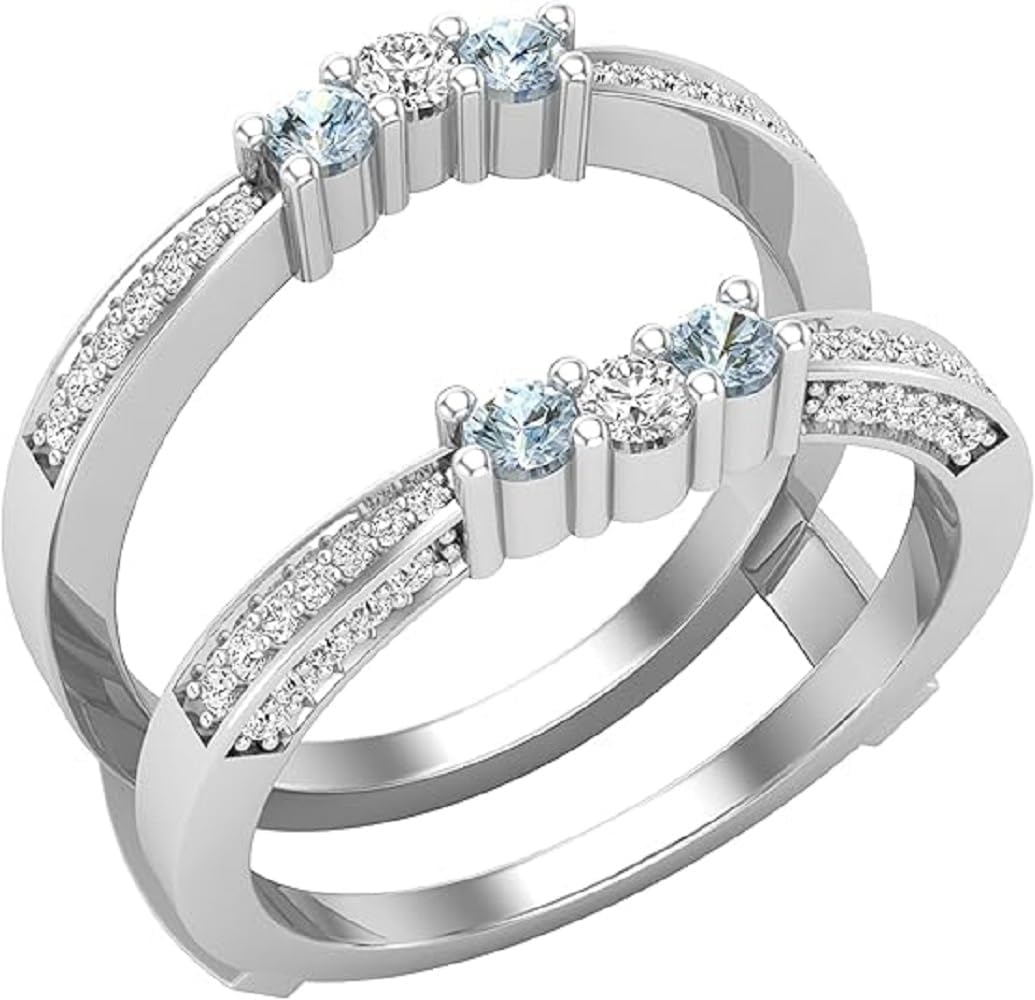 925 Sterling Silver Round Cut Aquamarine & Diamond Classic Engagement Enhancer Wrap Ring Guard for Women's In 14K White Gold Finish