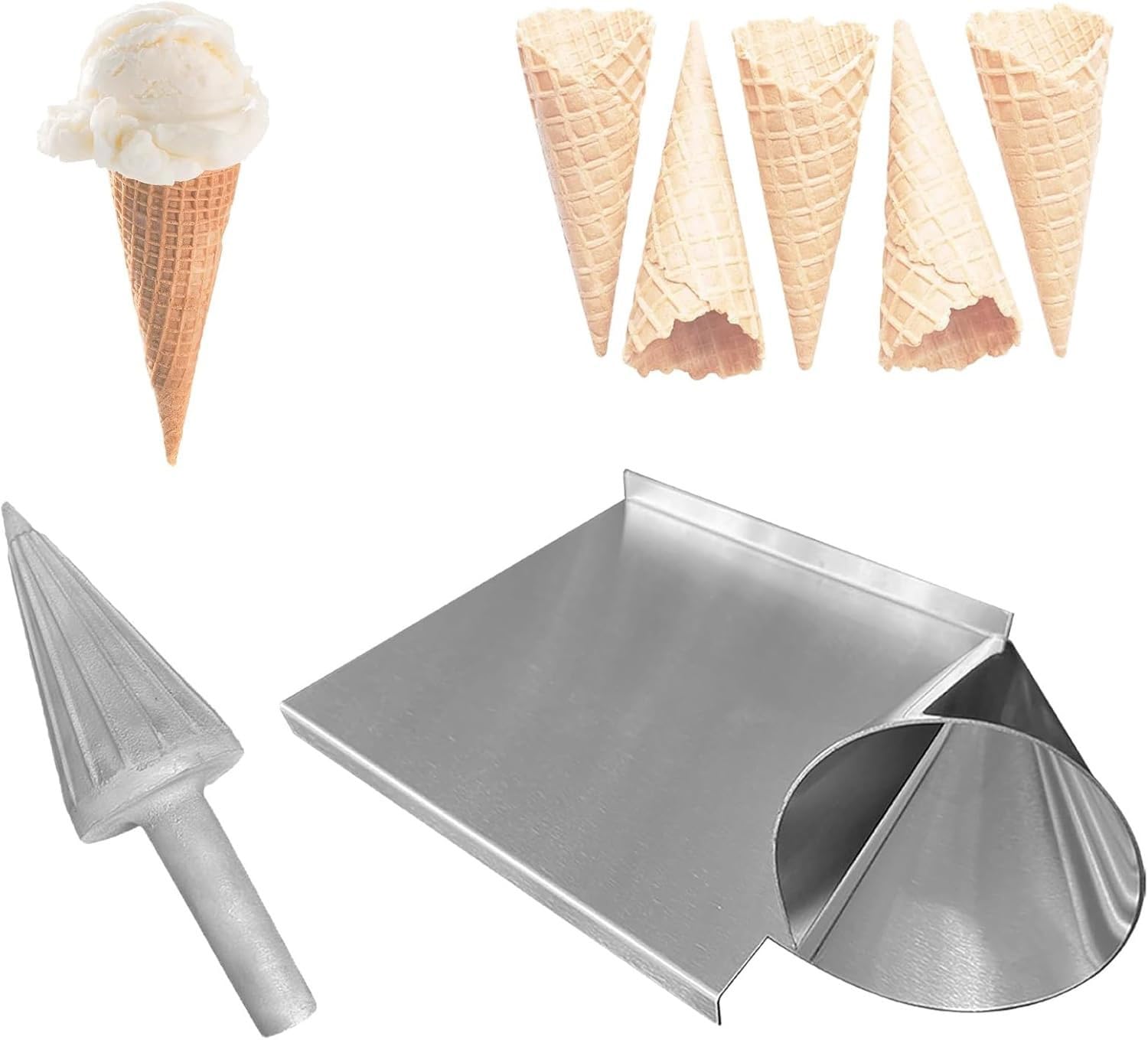 Rodillo de cono de helado de acero inoxidable, herramienta moldeadora de conos de gofres antiadherente, aluminio fundido resistente, para hacer huevos caseros