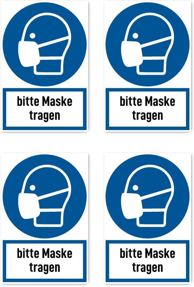 Stickers: 112.5 x 75 mm, Pack of 4 – Please Wear Mask – Mandatory Sign with Text (German) (Blue/White) – Vertical – M016 – DIN EN ISO 7010 / ASR A1.3