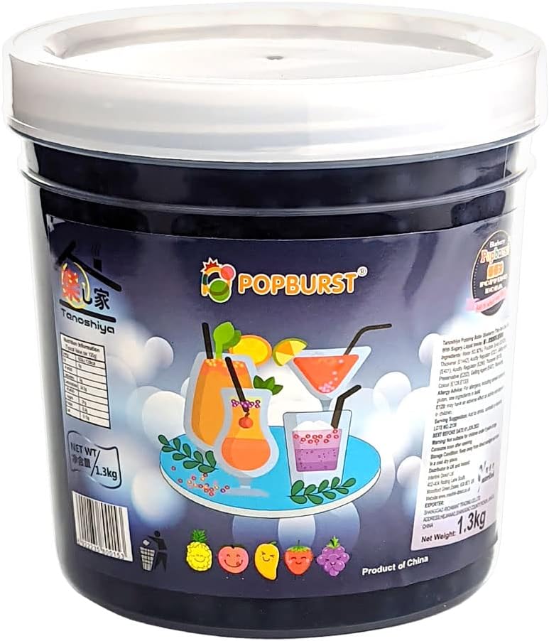 Tanoshiya Popping Boba Fruity Flavour Bursting Bubbles 1.3kg | Tapioca Pearl for Desserts & Drink Toppings - Blueberry Flavour