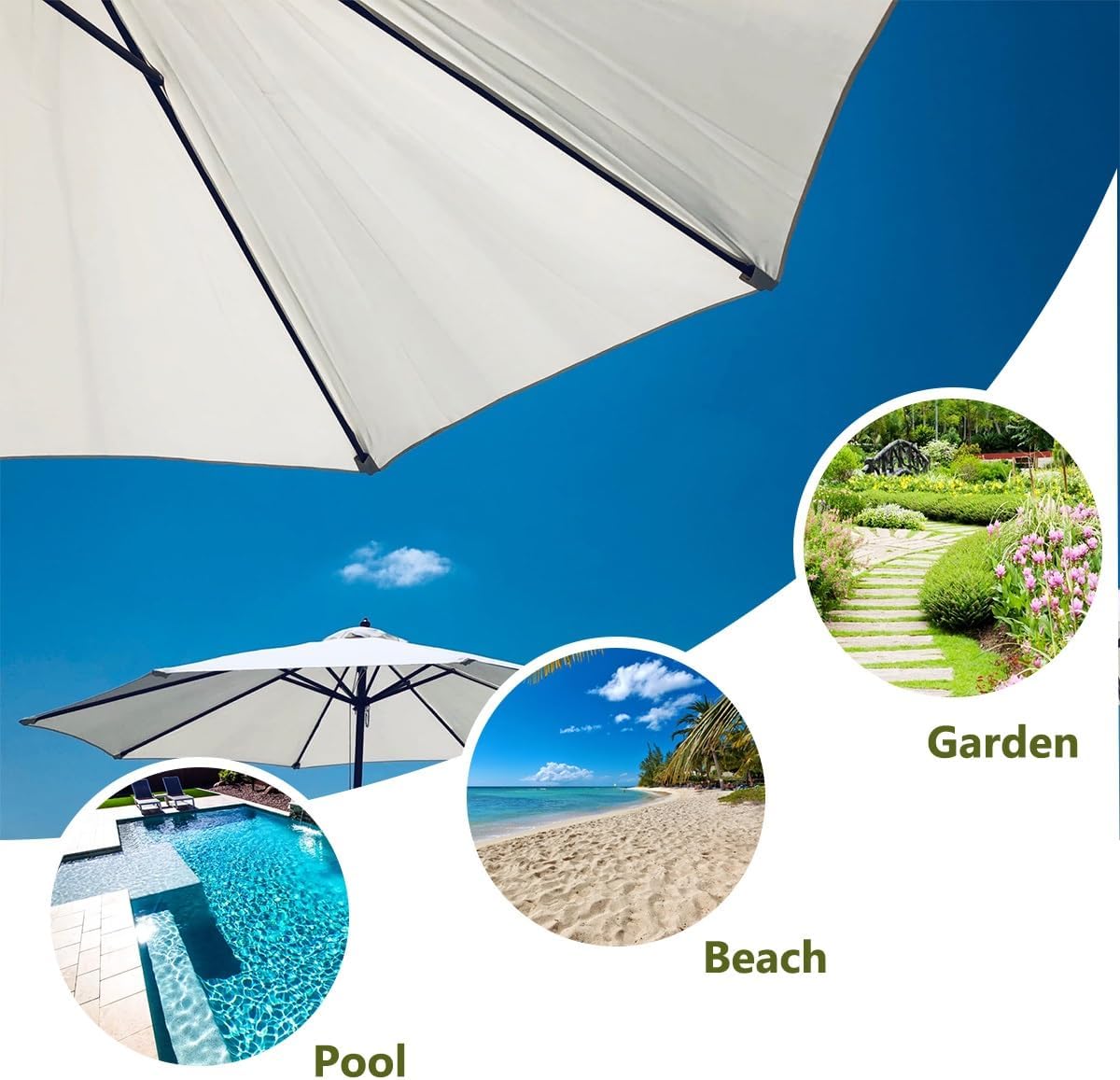 6.5/7.5/9/10ft Replacement Patio Umbrella Canopy, Table Market Pool Replacement Top Cover for 6/8 Ribs, Fade Resistant Strong UV Protective Cloth for Garden Umbrella (Canopy Only)