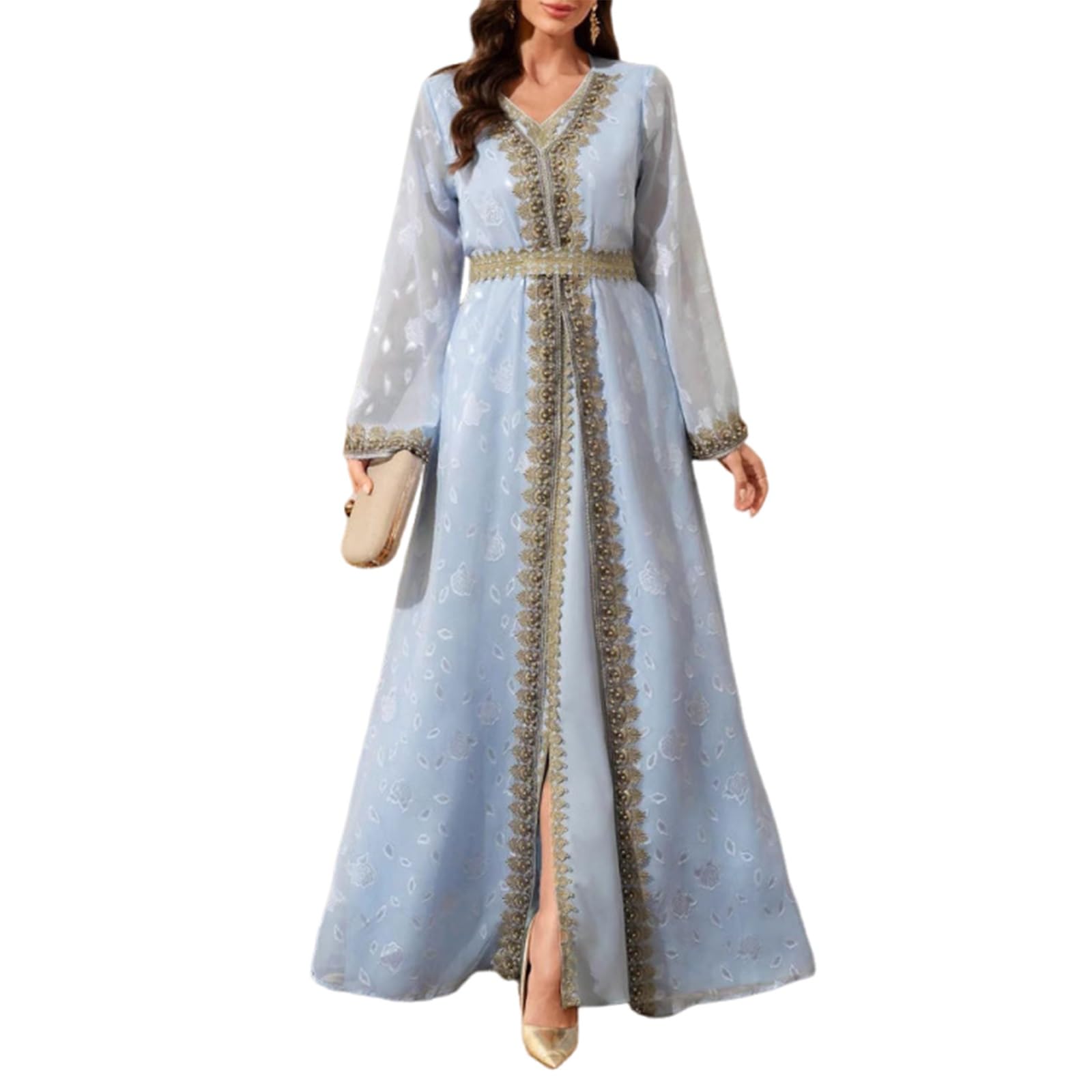 Abito Lungo Azzurro con Stampa, Scollo A V, Bordato in Pizzo, Cintura e Polsini Ricamati, Lacci in Vita sul Retro, per Occasioni di Festa