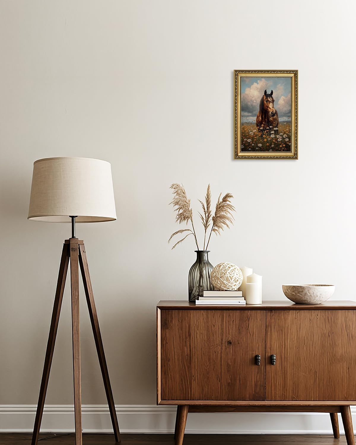 AIKETUO Gold Framed Retro Vintage Horse Wall Art for Bedroom, Vintage Horse Floral Wall Decor, Artwork for Aesthetic Rustic Farmhouse Living Room Bathroom Bedroom Ofiice Decor Big 24" L x 16" W
