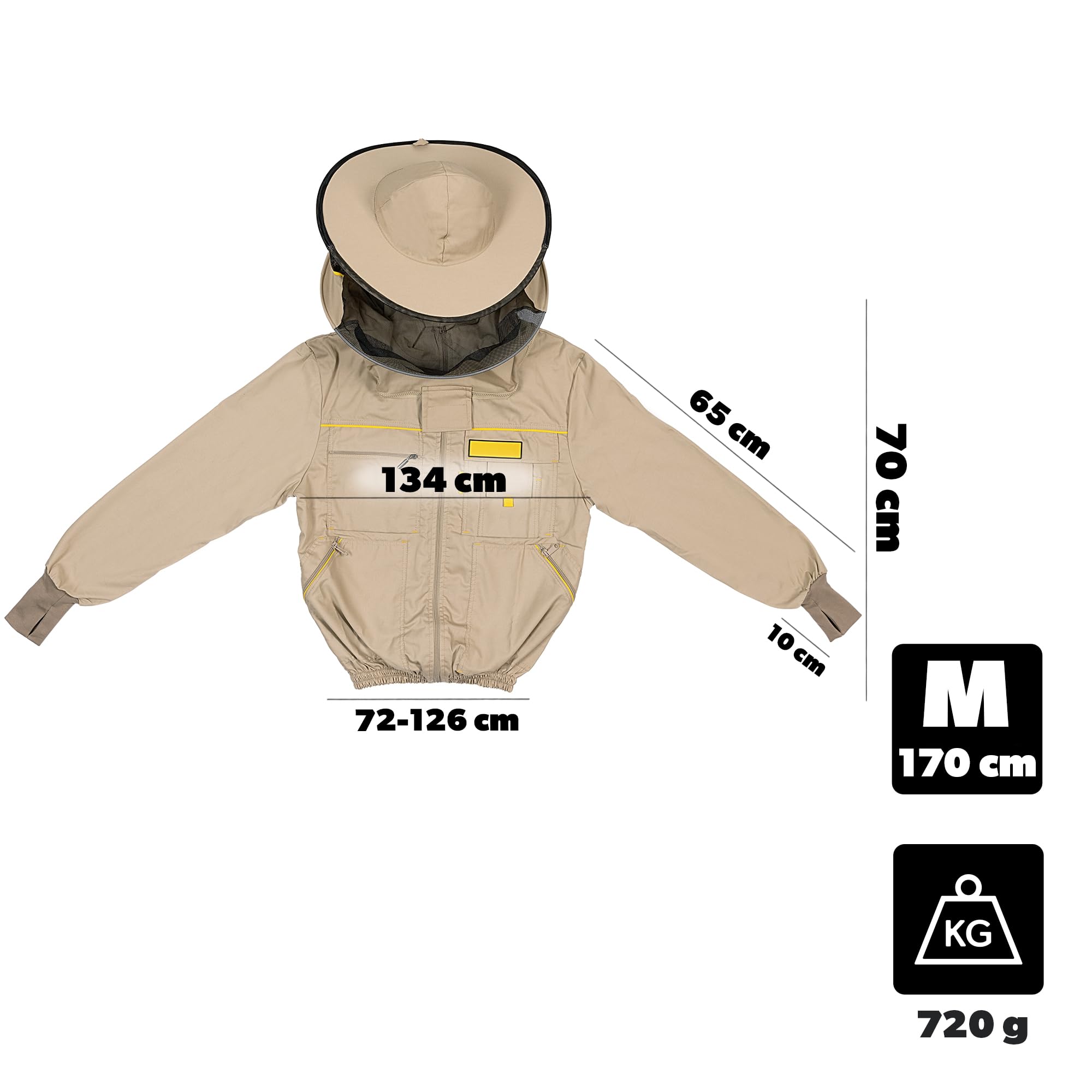 KADAX Imkerjacke mit Hut, Größe M, Imkerbluse aus Polyester und Baumwolle, Imker Jacke mit abnehmbarem Imkerhut und Schleier, Imkeranzug mit Reißverschluss
