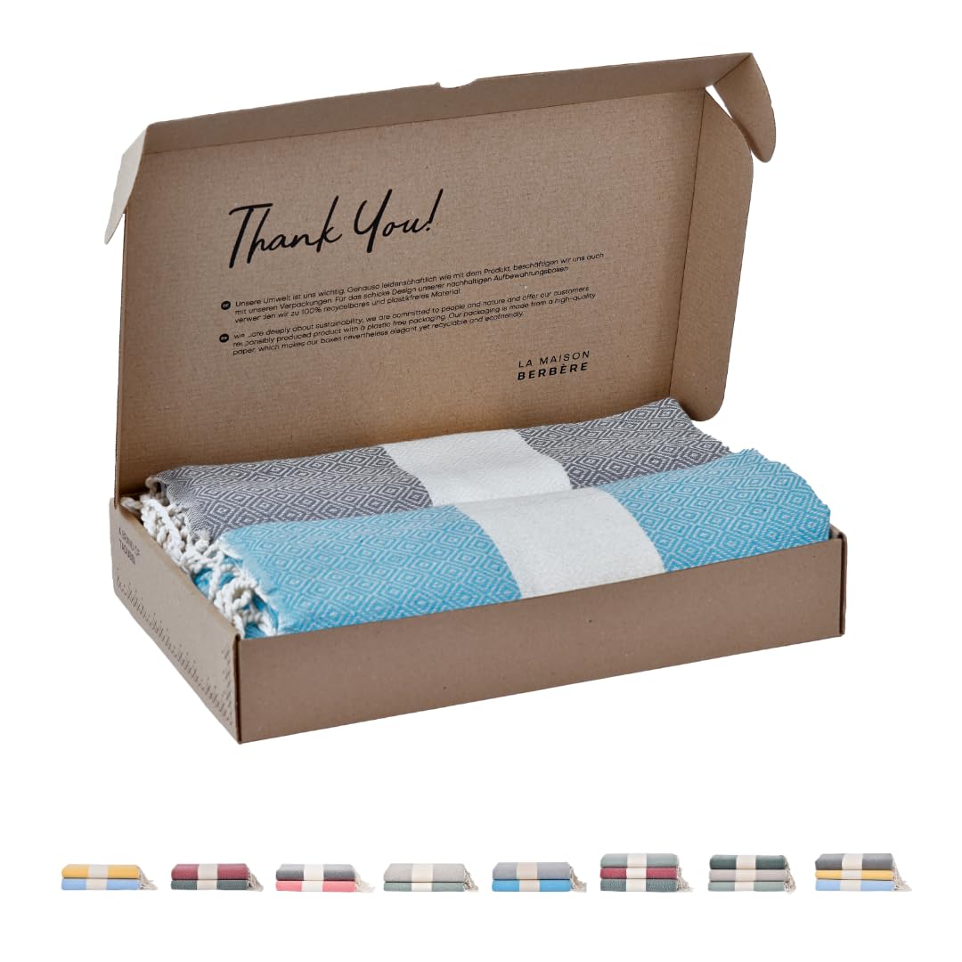Tadussi ® Fouta Beach Towel XXL [Set of 2] Ideal as Sauna Towel Bath Towel Sauna Towel Picnic Blanket Hammam Towel for Men and Women in Turquoise and Medium Grey - Large 100 x 200 - 100% Cotton