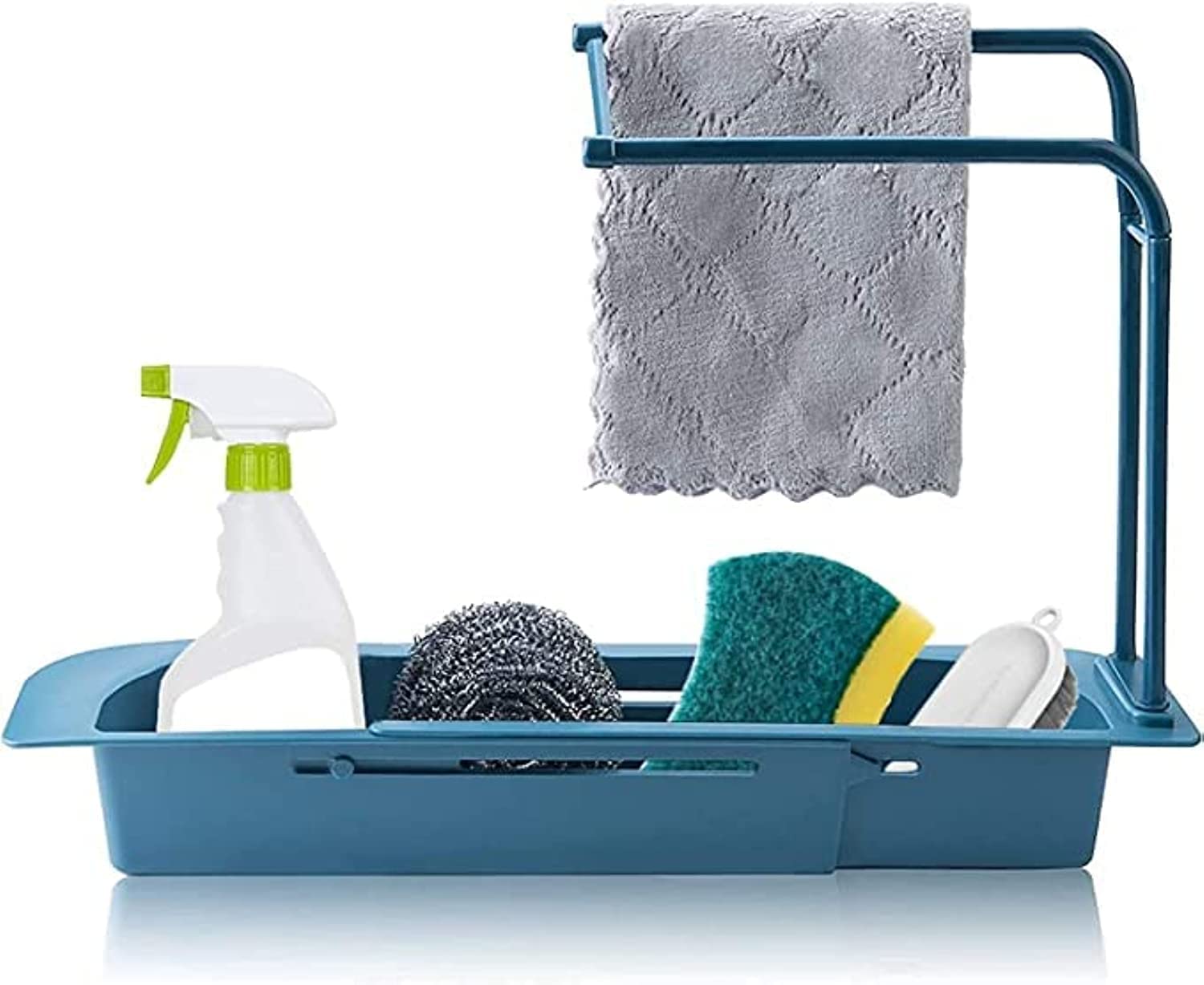 Telescopic sink rack set, adjustable length sink rack support, sponge soap rack drain sink tray, with towel bar ventilation and drainage device-BLUE