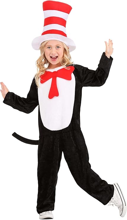 Dr. Seuss the Cat in the Hat Costume for Kids - Polyester Velvet Jumpsuit, Felt Top Hat & Tail