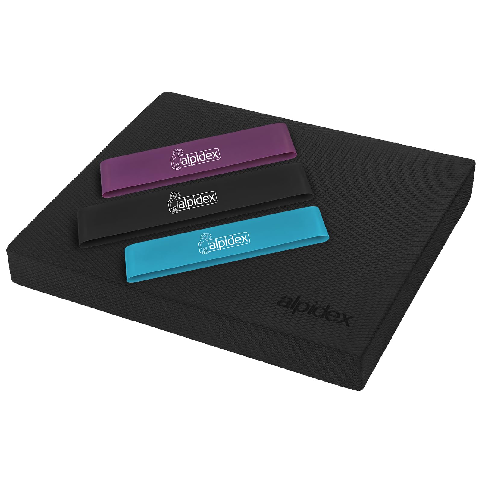 ALPIDEX Balance Pad 48x40x6 cm Balancekissen Schwarz inkl. 3 Fitnessbänder Stabilität Koordination Verbessertes Gleichgewicht Kissen Rutschfest Wackelkissen Balancegerät Gleichgewichtstrainer