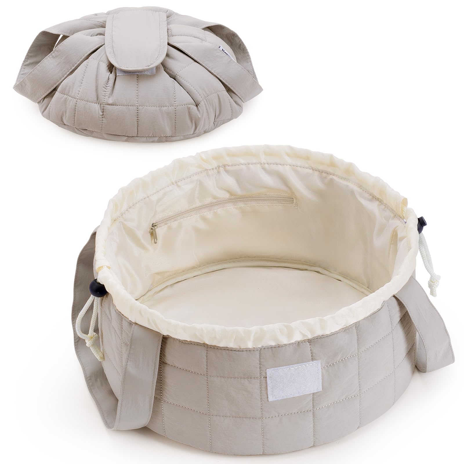 Narwey Lay Flat Drawstring Quilted Makeup Bag, Travel Toiletry Cosmetic Bag