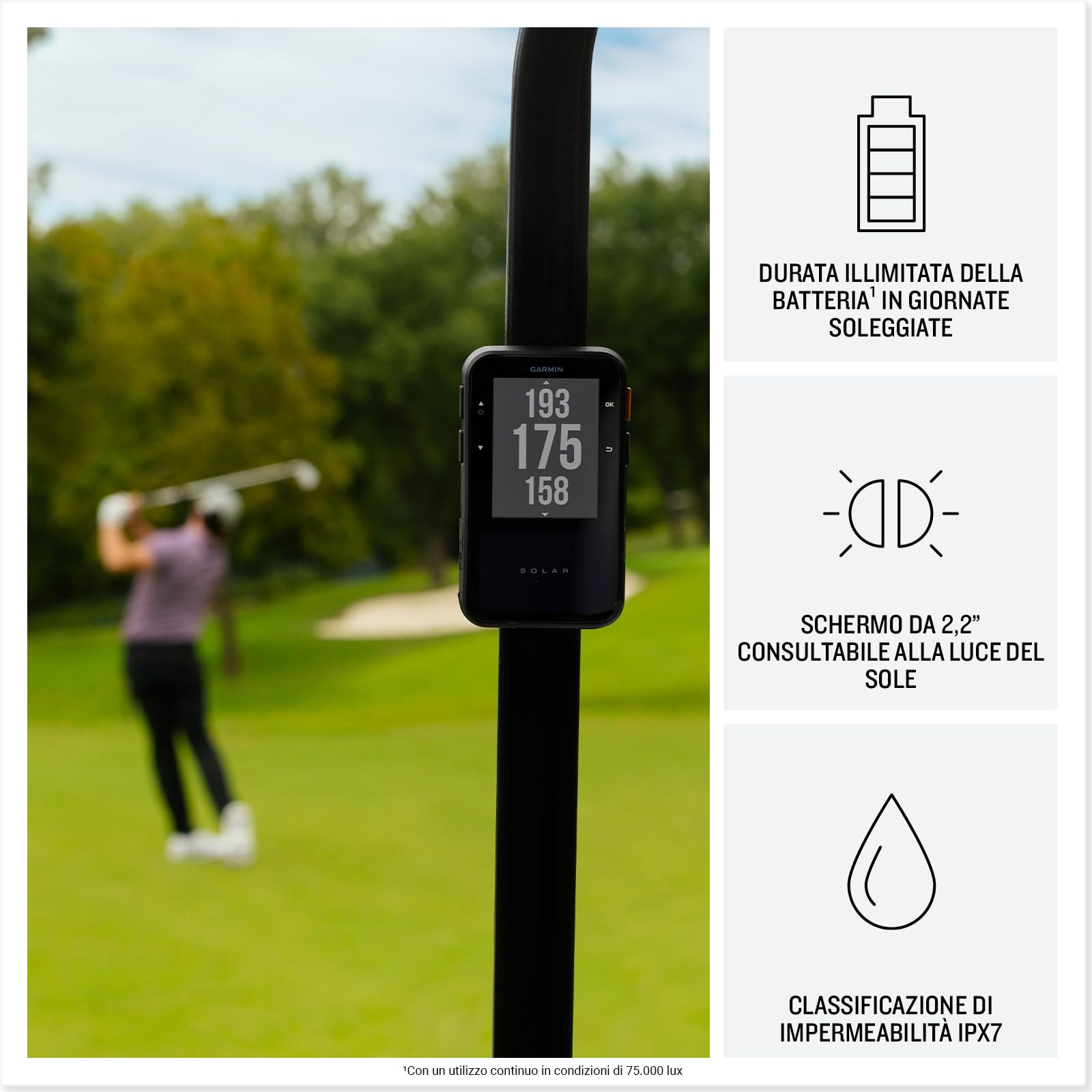 Garmin Approach G20, Portatile GPS per il Golf, Ricarica Solare, Mappe di 43.000 Campi Internazionali Precaricate, Display 2,2", Autonomia Potenzialmente Illimitata, Moschettone incluso