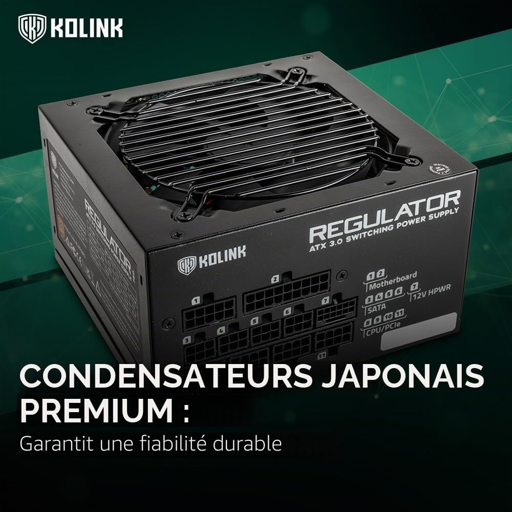 Alimentation de la série Kolink Regulator, 80 Plus Gold, ATX 3.0, Entièrement modulaire, PCIe 5.0, 12VHPWR, Condensateurs Japonais à 100%, 140 mm, 850 W