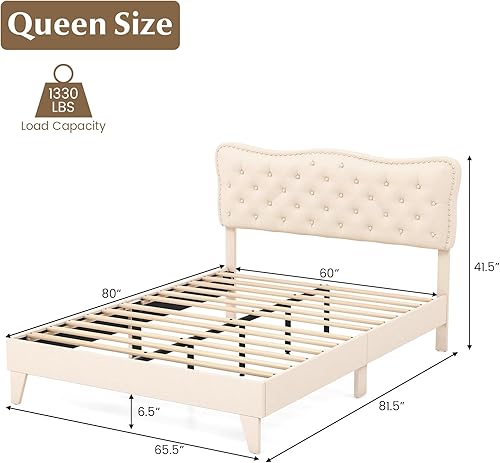 Miniatura 2 de Giantex Base de cama tamaño Queen color beige, plataforma tapizada de tela de lino con cabecera de clavos, base de colchón con botones y listones de