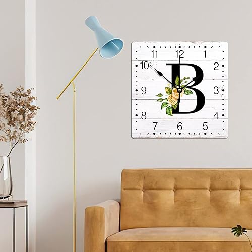Miniatura 5 de Zyadsinoudor Reloj de pared de PVC, letra inicial B, monograma, girasol, mariposa, letra única, 12 pulgadas, cuadrado, silencioso, sin tictac,