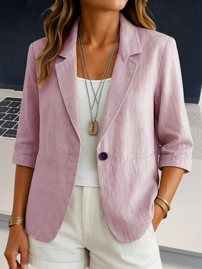 Blazer De Mujer - Blazer De Lino Y Algodón para Mujer Cárdigan Abierto con Mangas 3/4 Informal para Trabajo Y Oficina Elegante Y Ligero para Verano con Bolsillos Ribeteados.