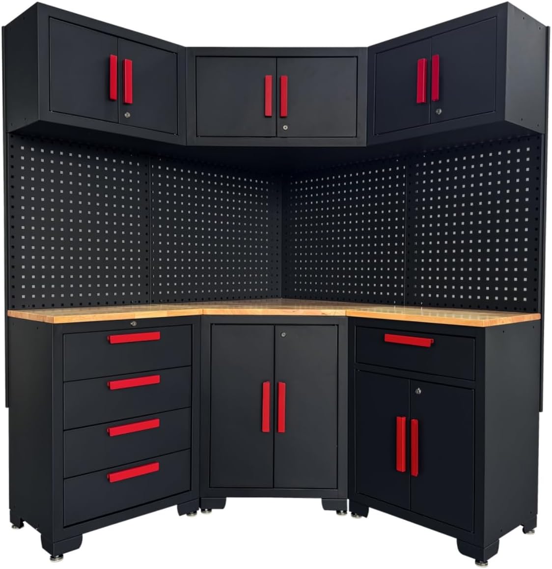 Corner Workshop Set - 10-Pcs Garage Cabinets and Storage System with Corner Cabinet, Cabinet Drawers, Workbench, Pegboard for Tool Organization Workshop, Red and Black