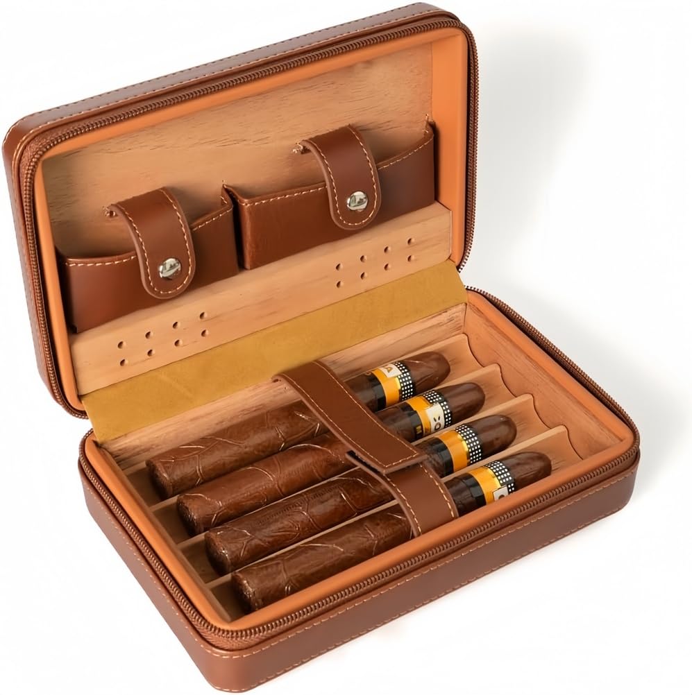 Custodia portatile per sigari in pelle con cerniera e rivestimento in legno di cedro – Contiene fino a 4 sigari – Regalo di lusso per compleanno o festività per padre, marito, uomini