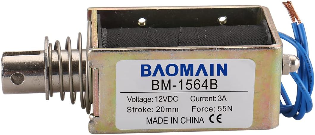 Baomain Push Pull Electromagnet Solenoid JF-1564B DC12V 3.0A Stroke 20mm 55N Open Frame Linear Actuator