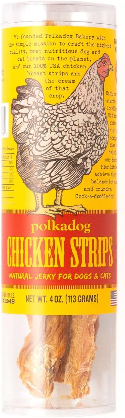 Polkadog Chicken Strip Jerky Dog Treats – Single Ingredient, Grain-Free, Lean Protein Snacks – USA Farm-Raised Chicken, Crunchy & Natural Training Treats – Handmade in the USA - 4 oz