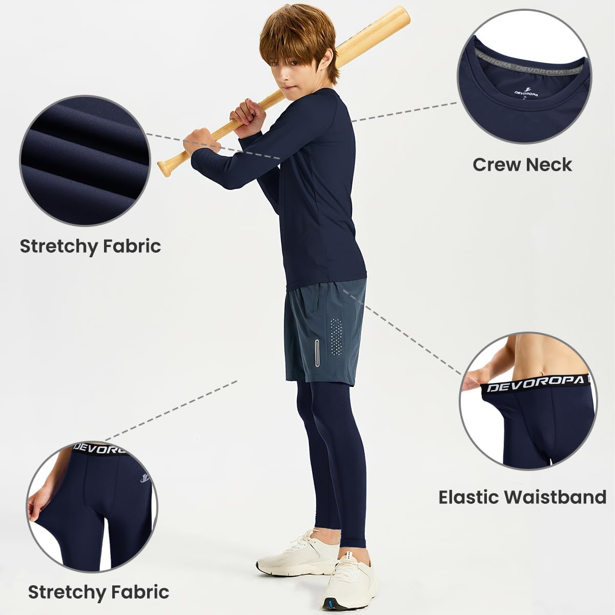 DEVOROPA Youth Boys Compression Shirts & Pants Kids Long Sleeve Undershirts Sports Leggings Athletic Base Layer Tights Set - Image 4