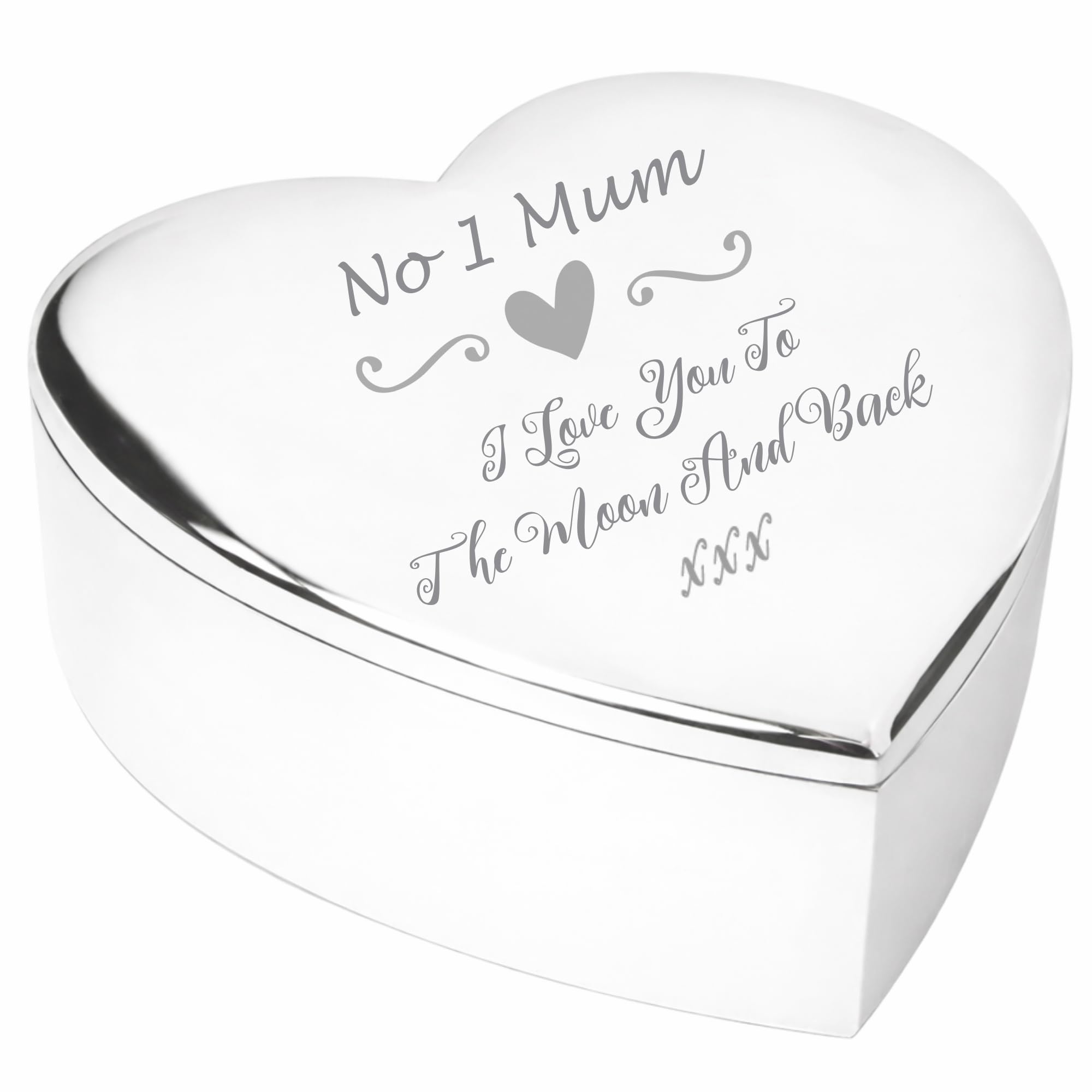Chris Bag Of Goodies No 1 Mum I Love You To The Moon and Back Script Silver Finish Engraved Heart Shaped Trinket Box Keepsake Gift From Son Daughter