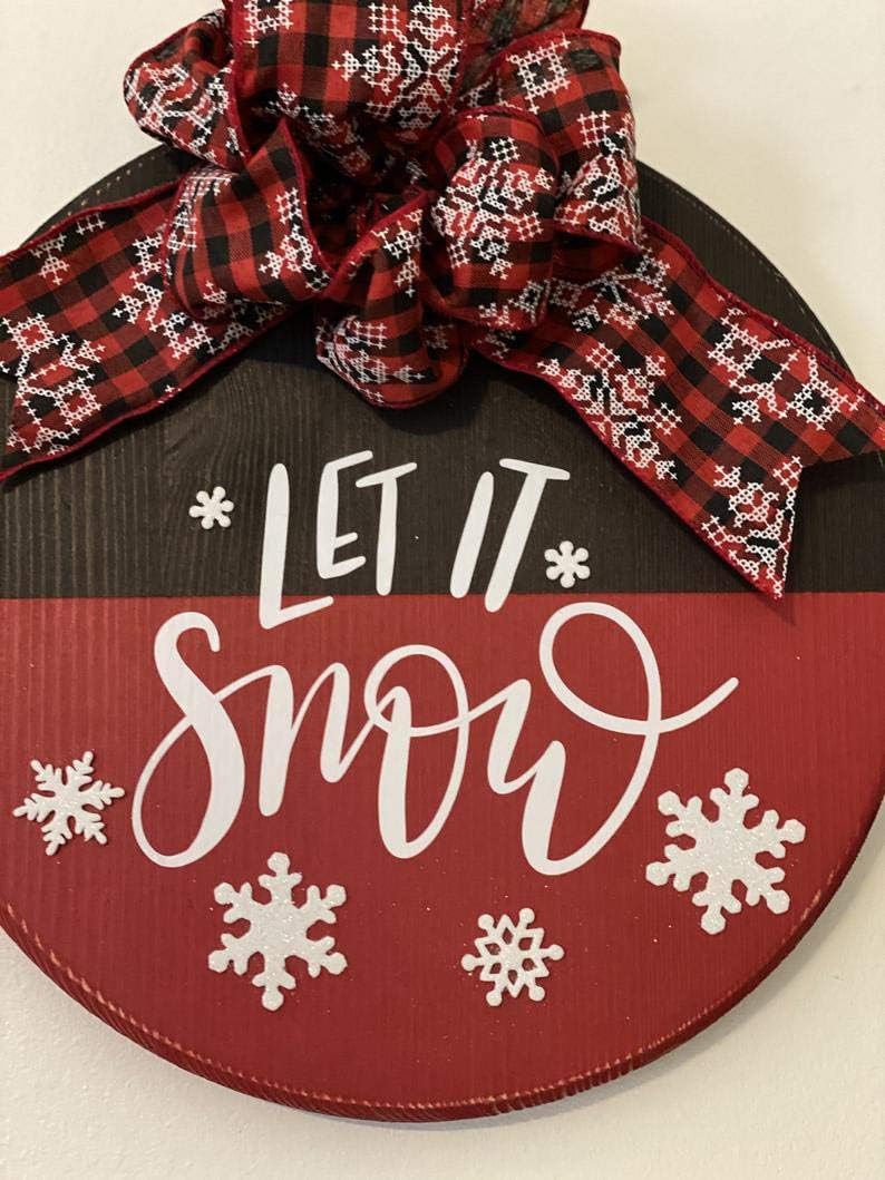Let It Snow - Red Black Buffalo Plaid- Wooden 12” Round - Christmas Winter - Door Sign Wreath - Housewarming Gift