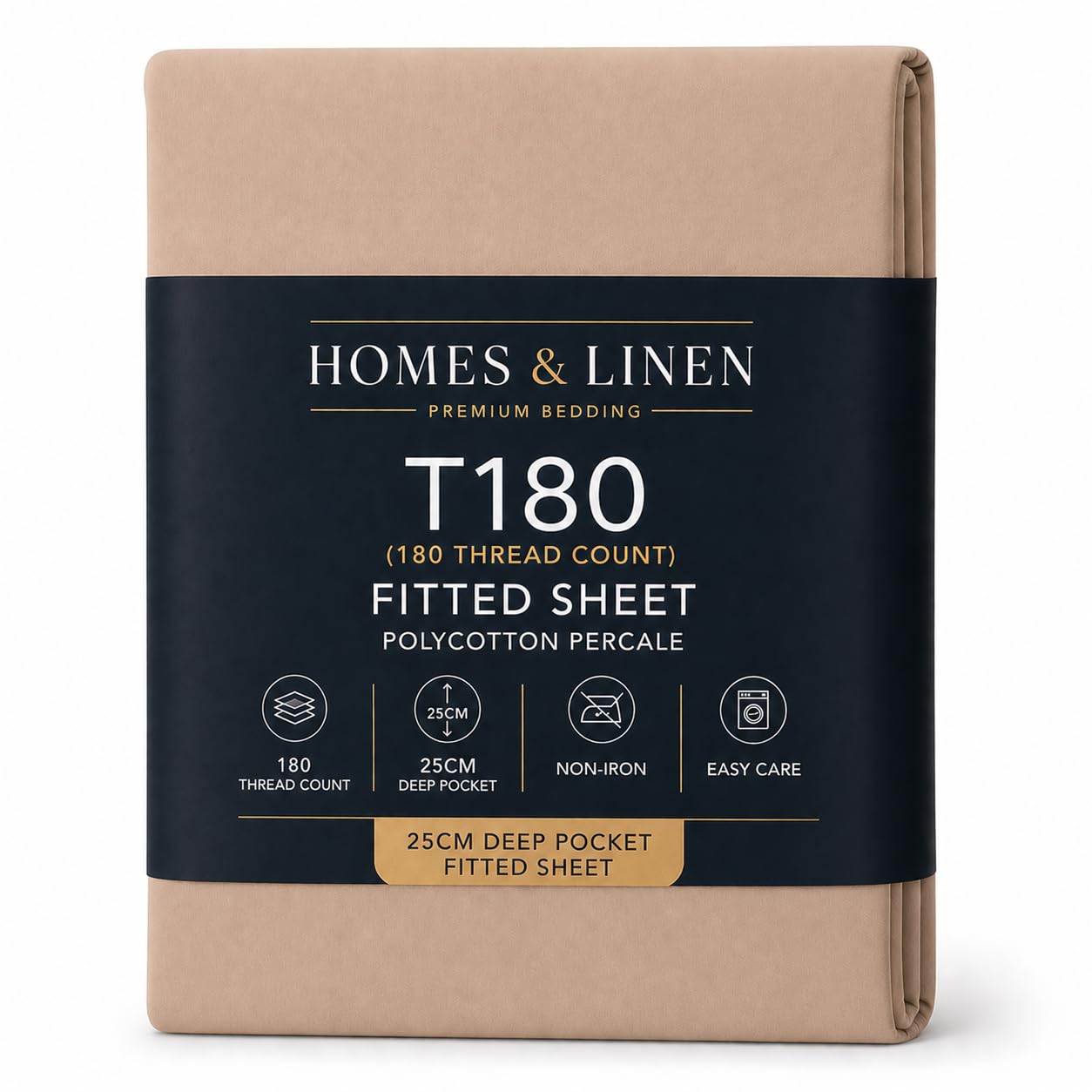 HOMES-LINEN Fitted Sheet Percale Rich Cotton 180 Thread Count Non Iron 25cm Deep Pocket Fitted Bed Sheets (Beige, Double)