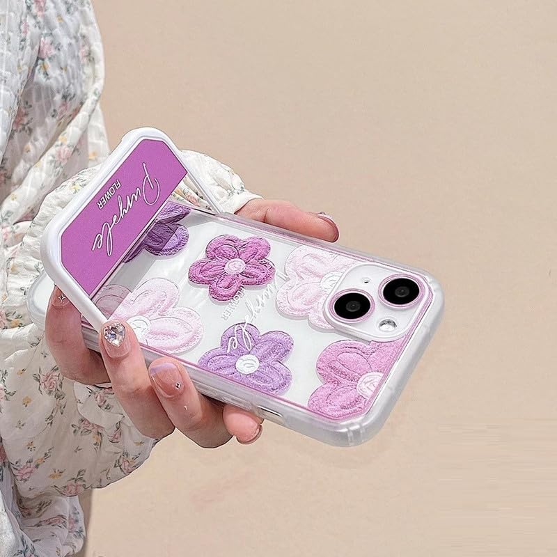 Image of COVERLY 3D Cute Creative Purple Flower Cartoon Oil Painting Floral Decor Wave Curly Edge Invisible Phone Table Stand Holder Grip Happy Aesthetic Cover Girly Charm Case for Apple iPhone 12 Pro (Purple)