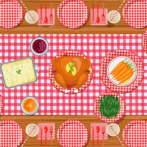 205 Pcs Party Supplies For 25 Guest Checkered Plaid Tablecloth Pennant Banner Plate Cup Napkin Cutlery And Straw For Birthday Party Family Dinner Picnic Bbq Birthday Party Decoration (Red And White) #TOP6