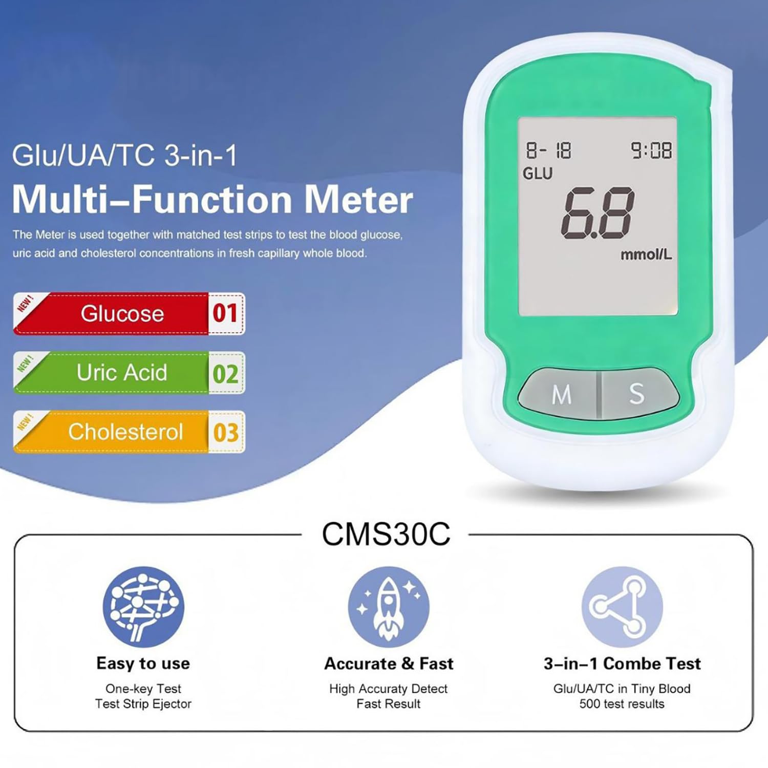 Kit di Test per Il Benessere Domestico 3 in 1, Set per Il Monitoraggio di Acido Urico, Glucosio E Colesterolo con Strisce Reattive, 500 Memorie, Rilevamento Accurato, per Uso Clinico E