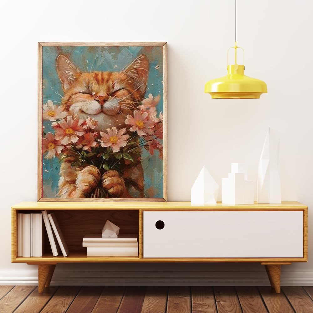 Smiling Orange Cat with Flowers Diamond Painting Kits for Adults, Ginger Cat Daisy 5D Full Round Drill DIY Diamond Art Kits for Beginners, Gem Art and Crafts Home Wall Decor 12x16 Inch