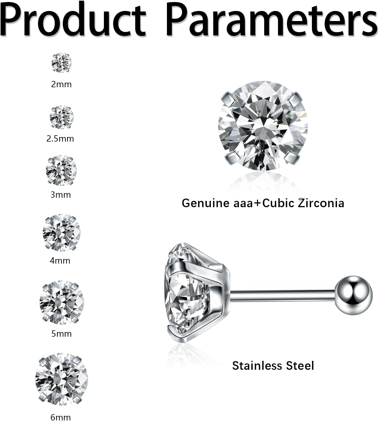 BLZ 6 Pairs 14K Cubic Zirconia Stud Earrings for Women Men 20G Screw Back Earrings 316L Stainless Steel Cartilage Earrings Hypoallergenic Men Earrings - Image 4