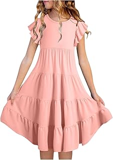 2025 Vestidos de Verano para Niñas de Doble Capa Mangas Aleteadas Vestido Fluido Línea A Vestido Casual Vestido Midi Gradiente Niñas Coloridas