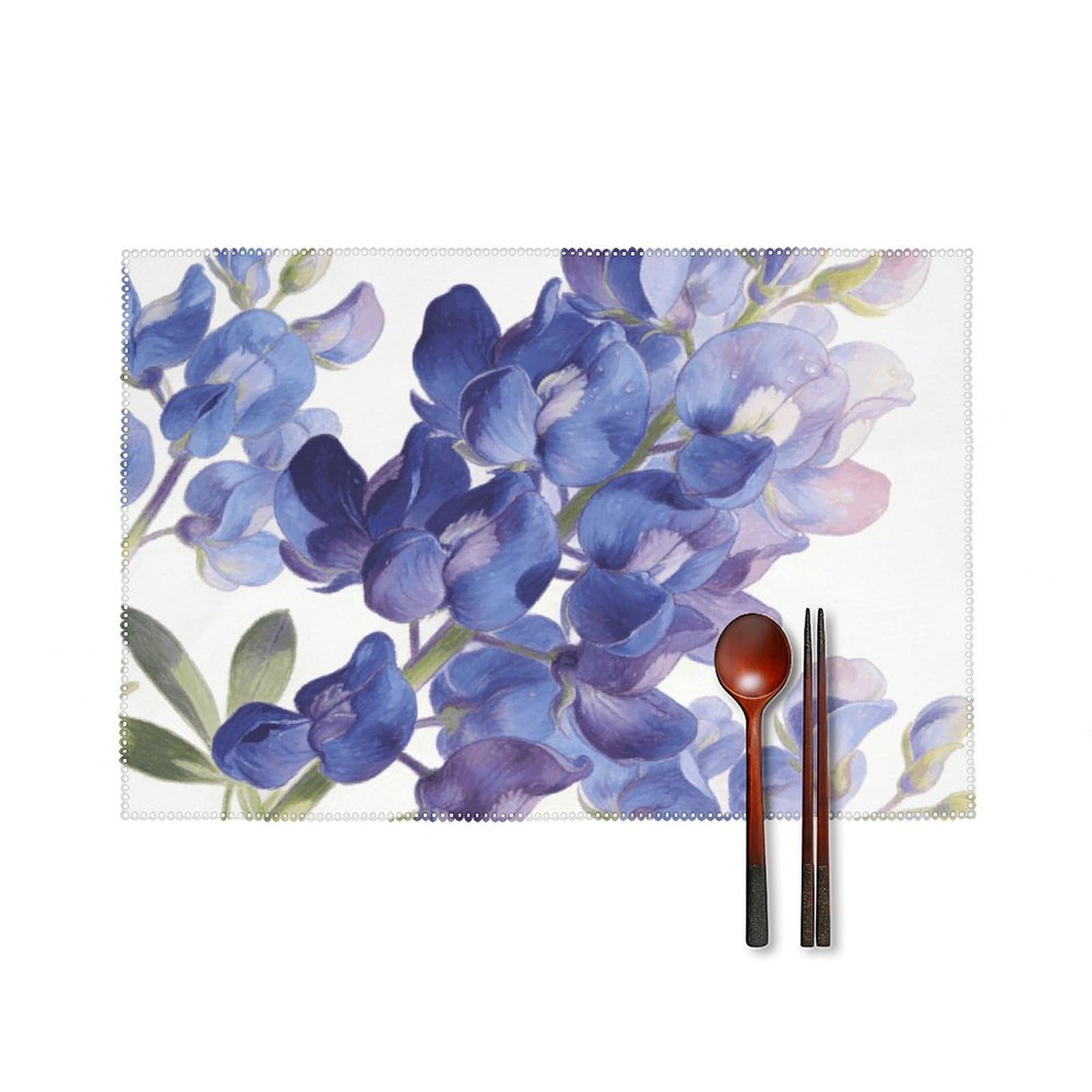 Indigo Bloom Placemats Set of 6, 12x18 Inch Heat Resistant Washable Canvas Table Mats, Stain Resistant Decorative Dining Placemats for Kitchen, Restaurant, Outdoor Party