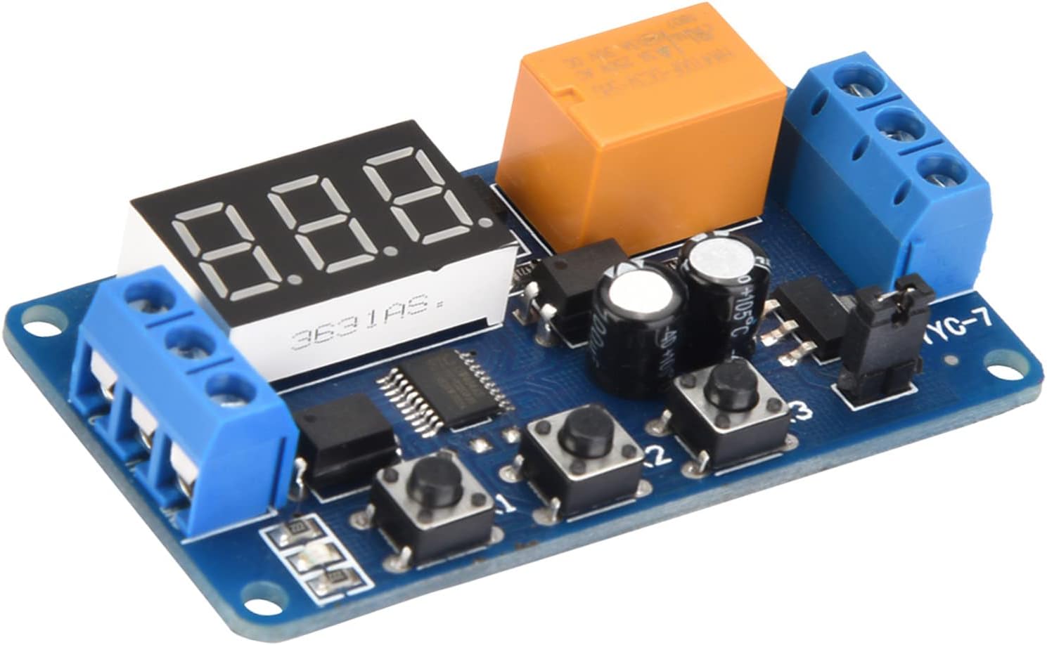 Wiring diagrams for the Acouto YYC-7 Relay Module, showing connections for AC load control and single DC power supply.