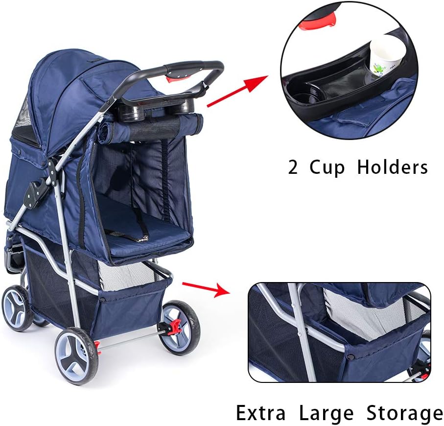 comiga Pet Stroller, 3-Wheel Cat Stroller, Foldable Dog Stroller with Removable Liner and Storage Basket, for Small-Medium Pet,Blue