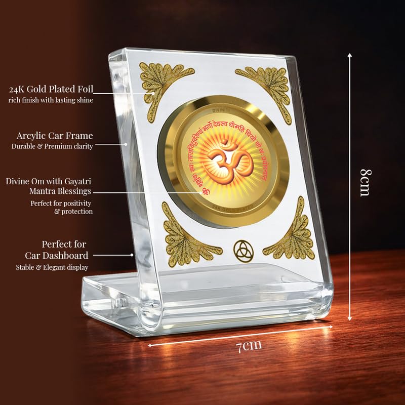 Image of Diviniti 24K Gold Plated Om With Gayatri Mantra Acrylic Frame for Car Dashboard, Home Temple & Office Table | Premium Spiritual Gift, Blessings for Protection & Positivity, 8x7 cm Decorative Showpiece
