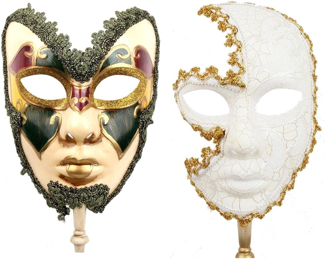 Venetian Masquerade Mask Set, Adult Carnival Costume Mask on Stick for Mardi Gras, Masquerade Ball & Party Decor
