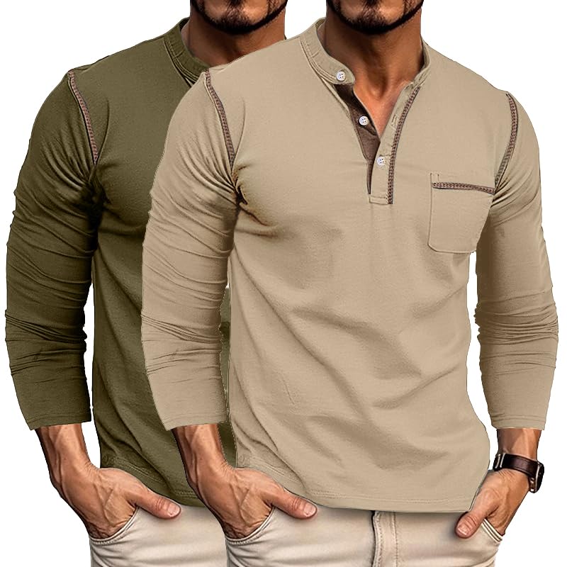 UOUA 2pcs Men's Henley Shirts Short Sleeve Casual T-Shirts Cotton Basic Tops