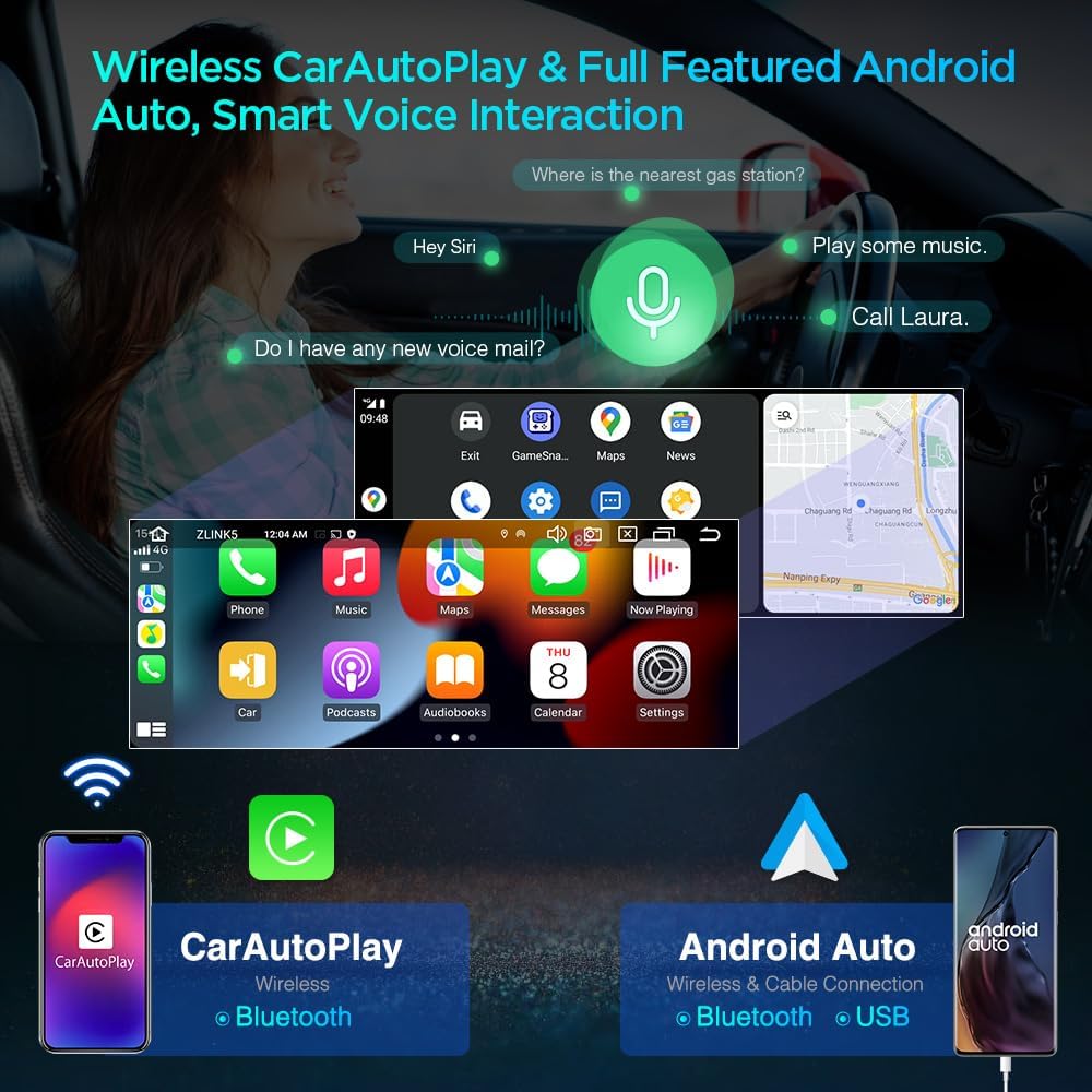 Diagram illustrating wireless CarAutoPlay and Android Auto connectivity with voice interaction examples.