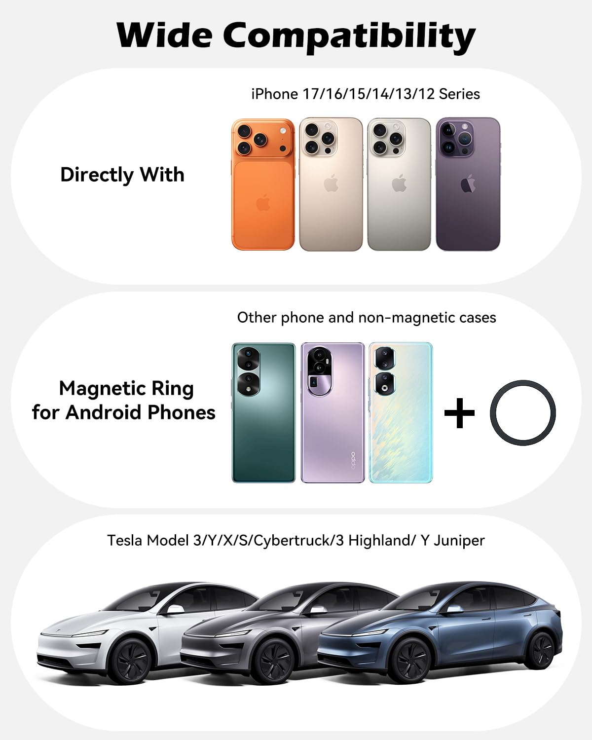CloudValley Supporto per telefono 15W con ricarica integrata per Tesla Model 3/Y/Juniper/Cybertruck, supporto magnetico metallico auto ruotabile a 360°, design pieghevole ed estensibile a scomparsa