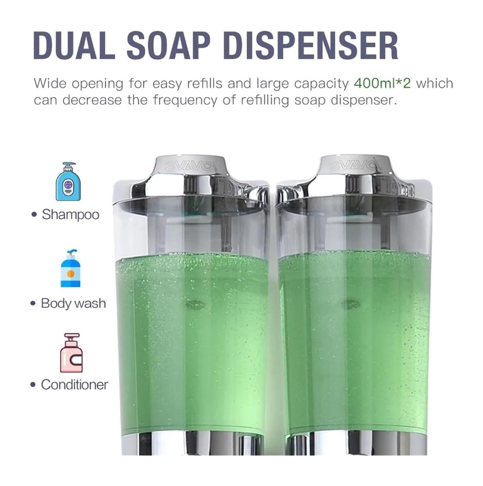 Seifenspender, Doppelkopf-Handseifenspender for die Wandmontage, Shampoo, Badezimmer, mehrfarbige Packung(White 400mlx2)