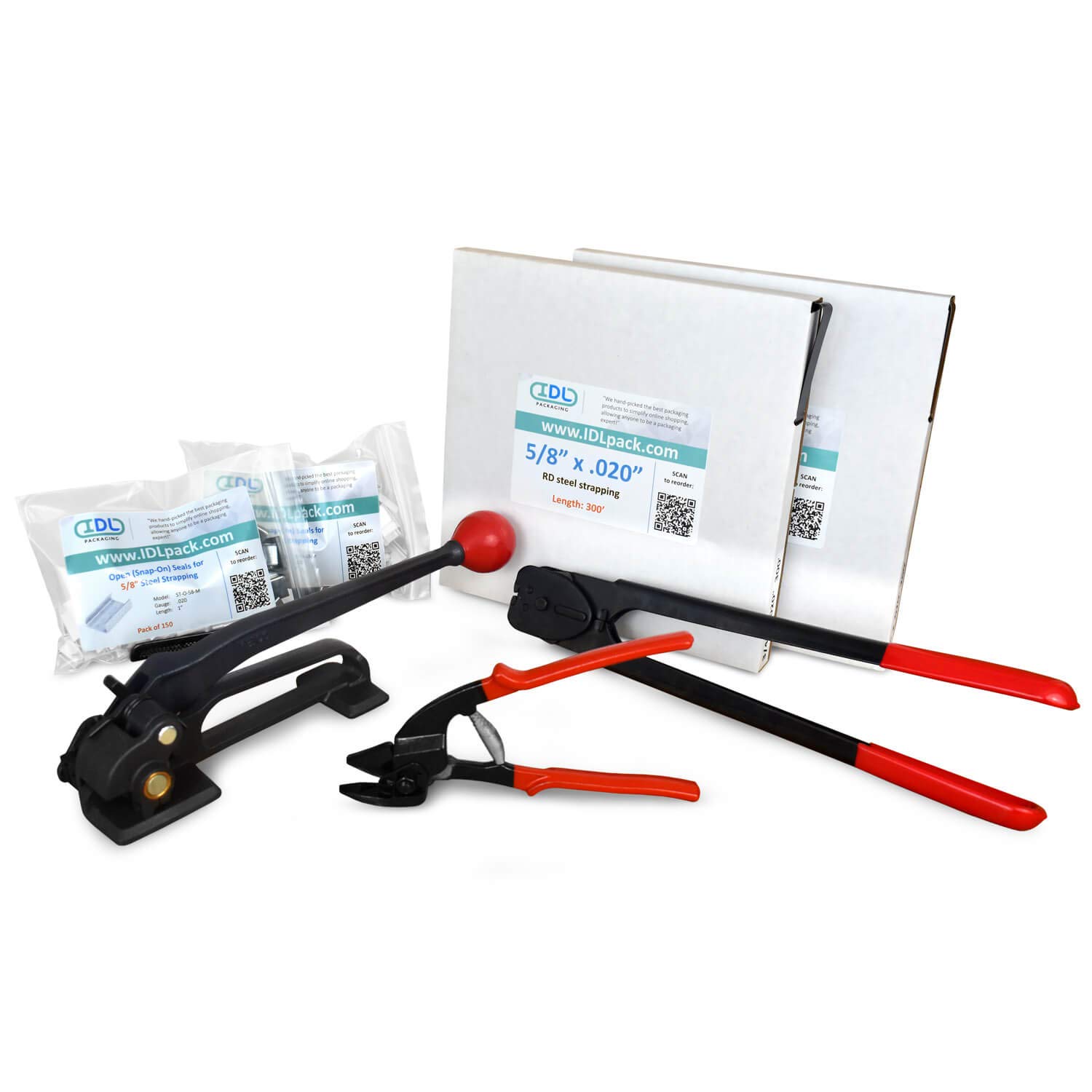 Portable 5/8" x 500' Steel Strapping Kit, 1400 lbs Break Strength – Full Packaging Strapping Solution – Standard Banding Kit - Enough Strapping and Seals for 250 Uses Before Refill