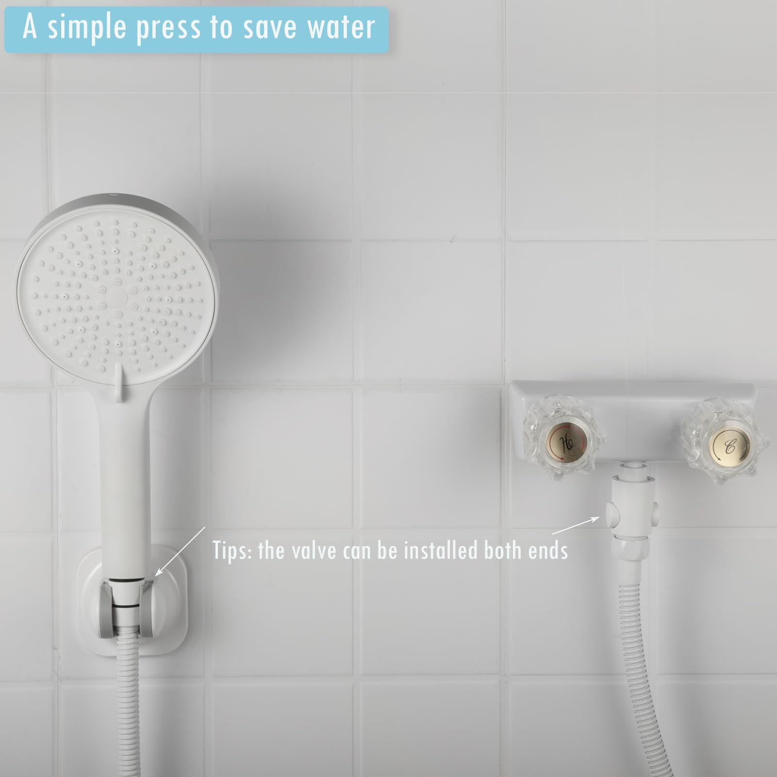 Paquete de 2 válvulas de cierre de cabezal de ducha con asa, botón grande, control de flujo con una sola mano, limitador de flujo de ahorro de agua, accesorios para caravanas. (blanco mate)